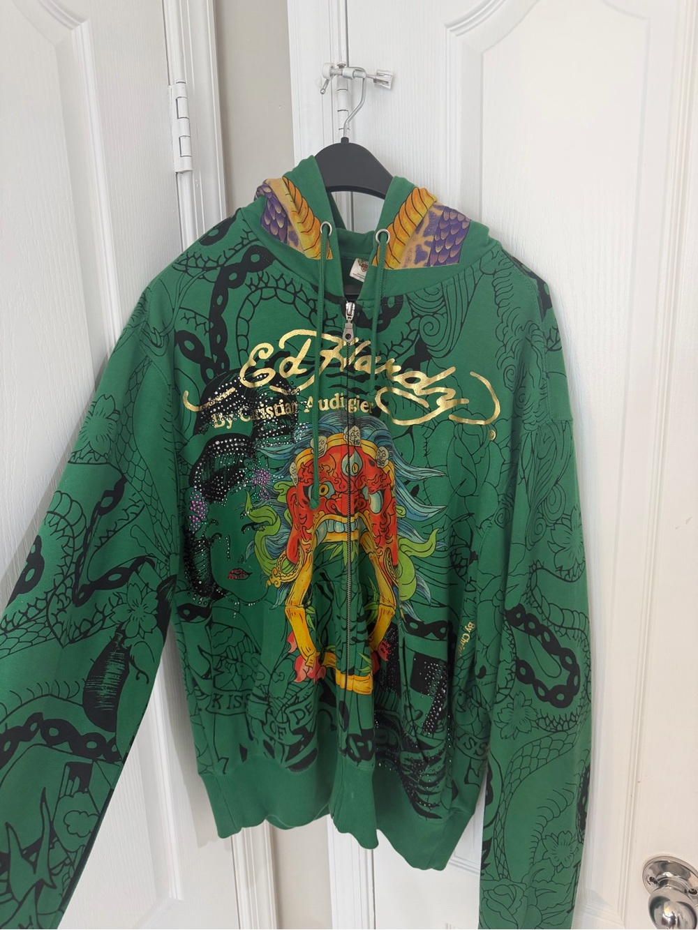 Ed Hardy Green Multicolor Dragon Graphic Zip-Up Hoodie